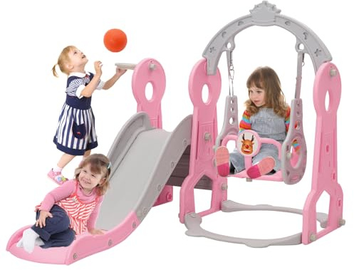 Ensemble de Toboggan et balançoire pour Tout-Petits, Ensemble de Jeu d'escalade pour bébé 4 en 1 avec balançoire, Toboggan grimpeur et Basket-Ball, toboggans pour Enfants (Ballon + Rose)