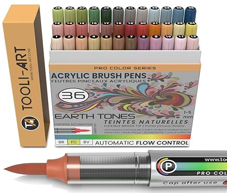36 st akrylfärgpennor med flexibel penselspets, automatisk flödeskontroll, 1–5 mm, för stenmålning, målning, bokstäver, scrapbooking, glas, koppar, trä