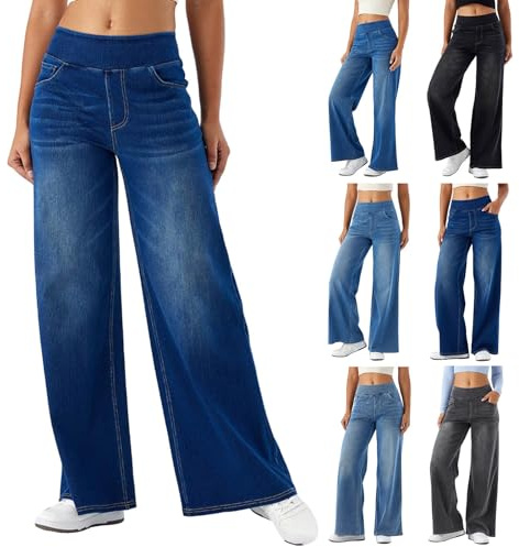 Pantalones Vaqueros Deportivos para Mujer, Vaqueros Holgados y Elásticos, Cintura Alta, Pierna Ancha y Bolsillos