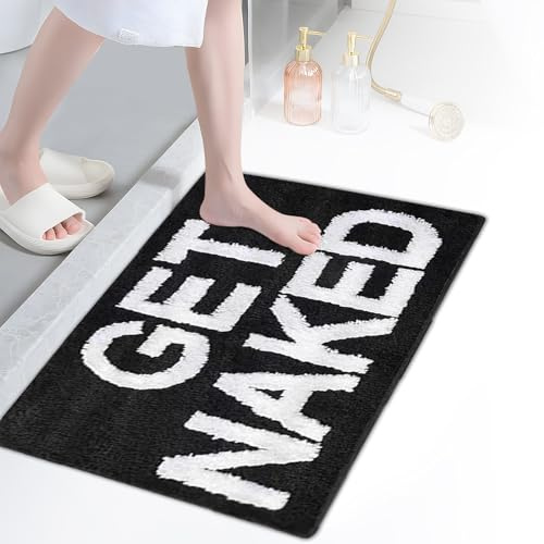 QITIXI:OU Schwarz Badezimmerteppich, 50 * 80 cm Getuftet rutschfest Badematte “GET Naked”, Niedlich Bad Deko, Flauschig Badvorleger Geeignet für Badezimmer, Toilette, Schlafzimmer, Hotel