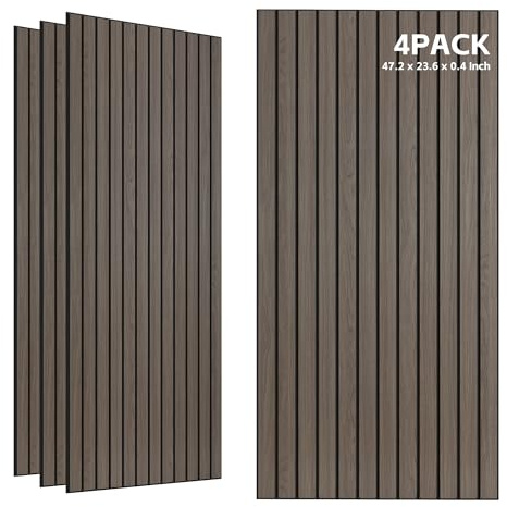 TO-TH Acoustic Wall Panels Decorative Sound Absorbing Panel 4 Pack, Walnut | Simulated Wood Grain Finish, 100%Polyester Fiber, Reduce Echo&Noise, PVC Wood Wall Panels for Studio&Garage,47.2x23.6x0.35