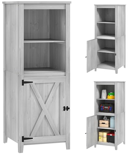 Outsunny Gartenschrank Holz, wetterfest 60x60x160cm Gartenschuppen, Geräteschuppen mit höhenverstellbar Ablagen, Tür, Abschließbar Gerätehaus, Geräteschrank für Terrasse, Hinterhof, Garten, Hellgrau
