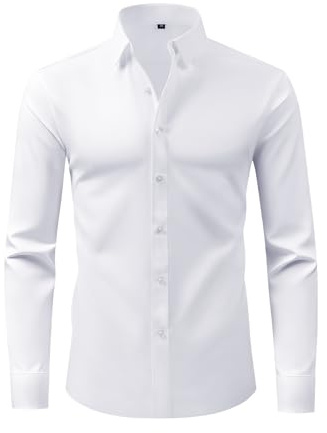 Okdance Mens White Long Sleeve Shirts 4-Way Stretch Wrinkle Free Long Sleeve Button Down Shirts Casual Business Office Shirt (UK, Alpha, L, Regular, Regular, White)