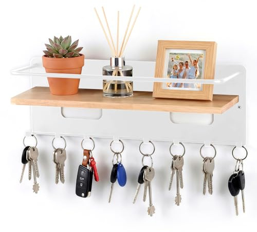 LLCS® Schlüsselbrett mit Ablage, Holz Schlüsselboard mit 8 Schlüsselhaken | Platzsparender Schlüsselhalter Wand, Metall und Holz Schlüsselbrett für Eingang, Flur, Wohnzimme