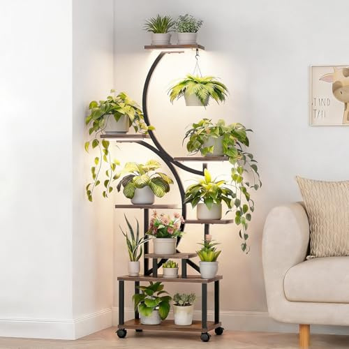 Pflanzenständer mit Wachstumslicht und 4 Rollen, 8 Etagen 159cm Höhe Pflanzenregal Indoor, Blumenständer , Metall-Holz Pflanzenregal für Innen & Außen - Mobiles Blumenregal für Balkon, Büro,Wohnzimmer