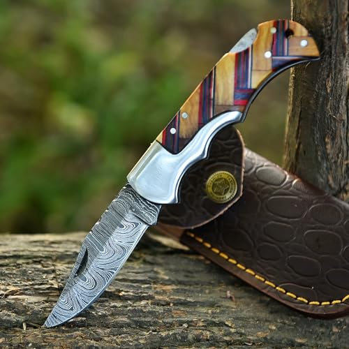 TATLA CRAFT Handgefertigtes Klappmesser aus Damaszenerstahl – Taschenmesser mit rasiermesserscharfer Klinge und Griff aus Olivenholz für Outdoor-Aktivitäten wie Camping und Wandern (Olive Wood)