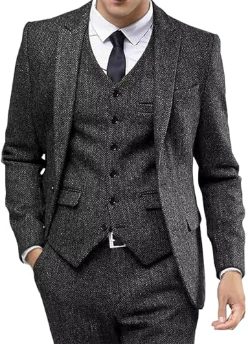 Traje de 3 piezas de tweed para hombre, traje de esmoquin formal y ajustado, traje de esmoquin formal, blazer, pantalones, chaleco, Negro, XL