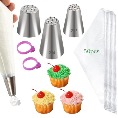 55 stycken spritspåsar, 50 engångssprutpåsar med 3 stycken 304 rostfritt stål litet gräs spritstyllar, 2 silikonbuntband, tårtspruta tillbehör för tårtor och bakning dekoration