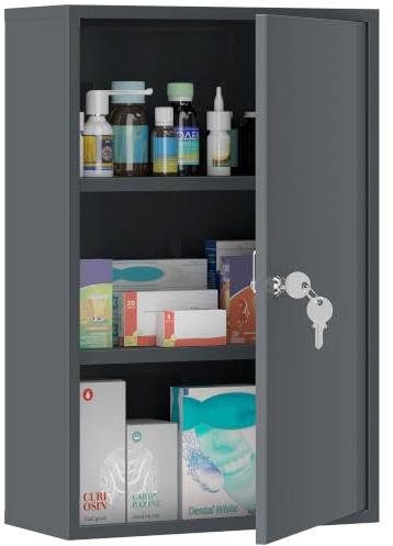 kleankin Medizinschrank Abschließbar Metall mit 3 Fächer 40x18x60cm Grau | Arzneischrank zur Medikamenten-Aufbewahrung, Medikamentenschrank, Erste-Hilfe-Schrank