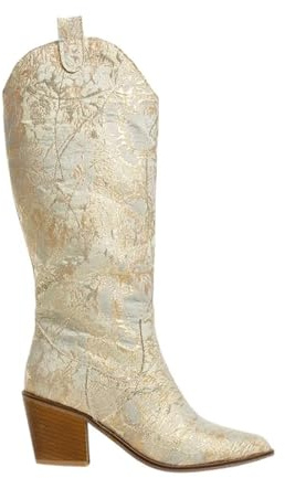 LADFRTYU Cowgirl-stövlar för kvinnor färgglada cowboystövlar kvinna knähöga låg klack för kvinnor tjocka skor knähöga stövlar, BEIgE, 39 EU