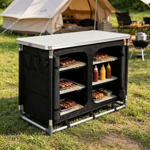 Suusolny Faltbare Campingküche mit Aluminiumgestell, 6 Fächer & 1 MDF Tischfläche, Stabiler Campingschrank mit Stofftür, 600D Oxford Stoff Zeltschrank, Platzsparende Outdoor Küchenbox Typ B