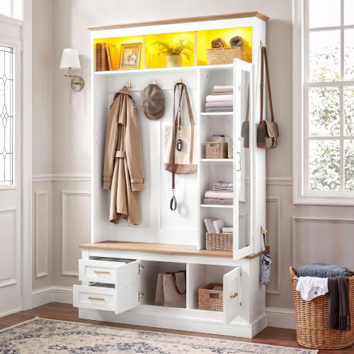 Xwiny Garderobenset mit LED-Beleuchtung und Verstellbare Einlegeböden, Wandgarderoben Set mit Spiegel und Aufbewahrungsschrank, Kompaktgarderobe Set mit Haken, Weiß, 110x32x180 cm