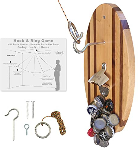 Hook and Ring Game Pro (Beach Stripes) with Bottle Opener and Magnetic Bottle Cap Catch - Easy Wall Mount Ring Toss Game