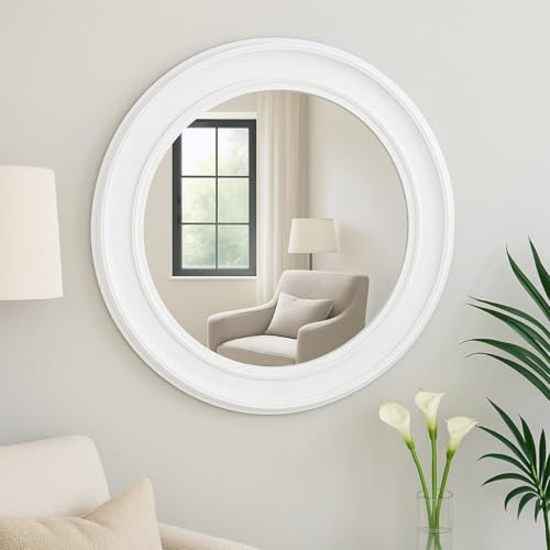 Melody Maison Large Round Vintage White Wall Mirror 80cm x 80cm