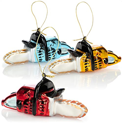 com-four® 3X Premium Christbaumschmuck, Deko-Kettensäge aus echtem Glas | besondere Baumkugeln als Weihnachtsdeko - spezielle Weihnachtsbaumanhänger - hochwertige Christbaumkugeln