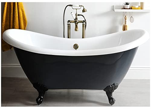 Milano Hest Stone Grey 1750mm x 730mm Double Ended Freestanding Slipper Bath Black Feet