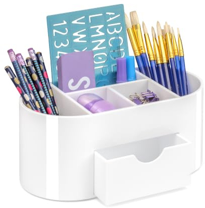 Osco Weißer Schreibtisch-Organizer aus Kunststoff mit Schublade, 6 Fächern, Schreibwarenhalter & Stiftebehälter, Schreibtisch ordentliche Aufbewahrungsbox für Home Office, Make-up-Pinsel