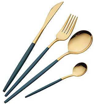 OUQIWEN Set di posate da 16 pezzi,set di posate verde e oro,set di posate in acciaio inossidabile,servizio per 4,Compreso forchetta/cucchiaio/coltello/cucchiaino (Oro Verde)
