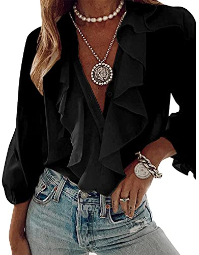 Loalirando Camicia Donna con Manica Lunga Blusa Elegante Scollo a V Sexy Camicetta da Ufficio Casual (Nero, XXL)