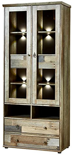 Lomadox Vitrine inkl. LED-Beleuchtung Vintage Driftwood Braun, B/H/T ca. 83/188/39 cm
