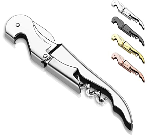Kyraton Bottle Opener Wine Key Wine Opener with Foil Cutter, Stainless Steel Classic All in one Double Hinged Waiter Corkscrew for Beer Bar Restaurant Waiters, Set for 1 (Silver)
