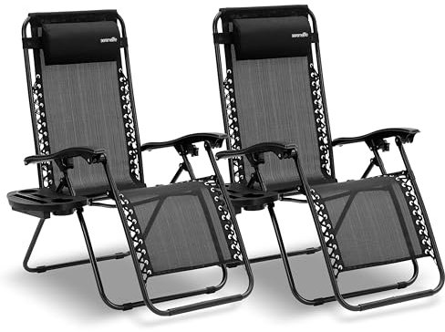 SereneLife Set de 2 Chaises Pliantes - Chaise Longue Réglable pour Extérieur avec Table Latérale, Porte-Gobelets, Oreillers Amovibles - Patio, Jardin, Plage - Noir