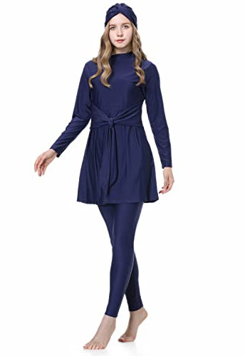 Highdi Damen 3 Stück Muslimische Badeanzug - Full Cover Bademode mit Hijab Einfarbig Islamische Burkini Frauen Bescheidene Badebekleidung Modest Swimwear, Blau, XL