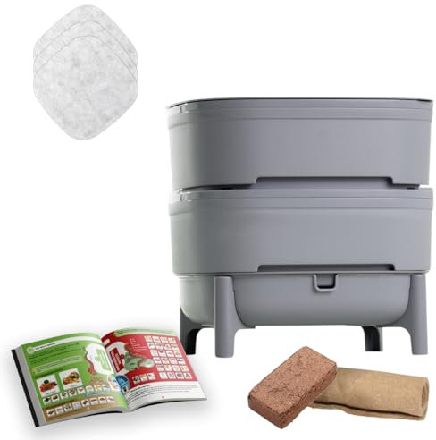 WORMcube Grau Design & Compact I 2-Etagen-Wurmkomposter I Komplett-Set I Stoppfilter zum Ertrinken von Würmern