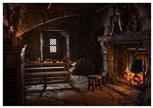 wandmotiv24 Fototapete Mittelalter Raum Kamin Fantasy, L 300 x 210 cm - 6 Teile, Wanddeko, Wandbild, Wandtapete, Wikinger Hocker Tisch Bank Kerze M6888
