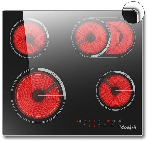 Cooksir Electric Hob 60cm, Ceramic Hob 4 Ring 6700W, Electric Hob 4 Zone with Expandable Dual and Oval Zone, Built-in Hob with Frame, Timer, Safety Lock, 220-240V(No Plug)