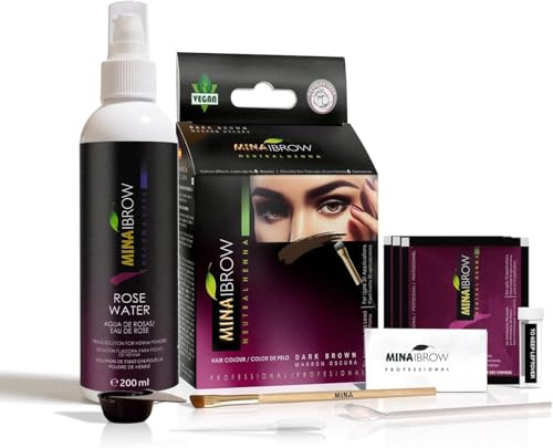 Mina ibrow - Tinte para el cabello, color marrón oscuro, polvo natural de larga duración con agua de rosas para fijación de henna, a prueba de agua y manchas, sin amoníaco, sin plomo, con cobertura