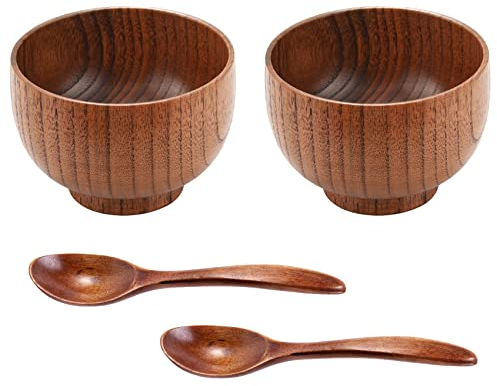 Tiamu Ciotole di legno fatte a mano, ciotole giapponesi in legno di giuggiola che servono con cucchiaio per , zuppa, salsa, insalata, tè, decorazione 2 set (2 ciotole + 2 cucchiai)