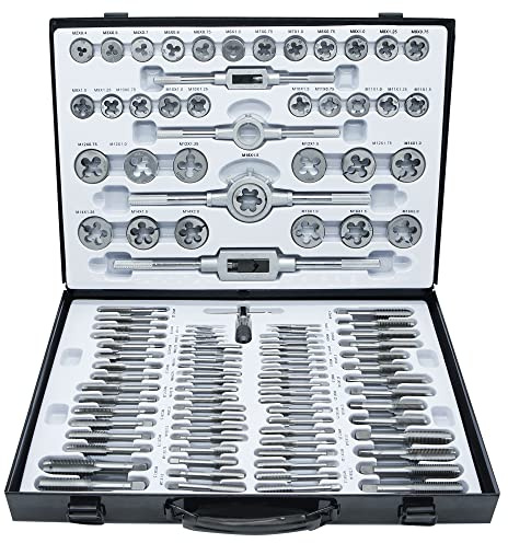 GMTOOLS 110PCS Tap and Die Set, Metric Size M2-M18 Standard Threading Tool With Adjustable Handles, Accessories and Storage Case for Cutting External and Internal Threads