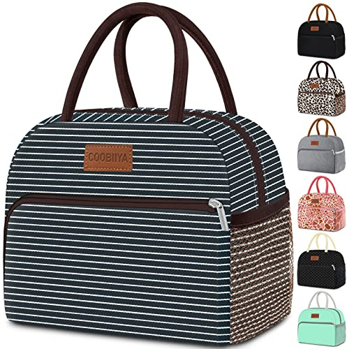 Coobiiya Lonchera aislada para mujeres, adultos, hombres, reutilizable, pequeña, a prueba de fugas, bonita lonchera para trabajo, oficina, picnic, playa o viajes (rayas blancas y azules)