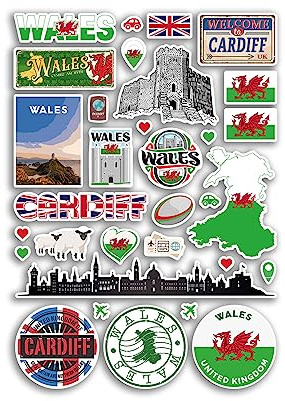 A4 Sticker Sheet Wales Landmarks Vinyl Stickers - Welsh UK GB City Map Airport Stamp Skyline Flag Travel Holiday Culture Aesthetic #80672