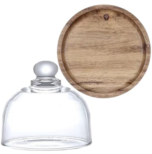 Mikinona Glass Lid Tray Glass Cake Stand with Dome Dome Bell Dessert Clear Cake with Tray Display Case Cupcake Display Holders Cloche Acacia Dessert Plate Mousse
