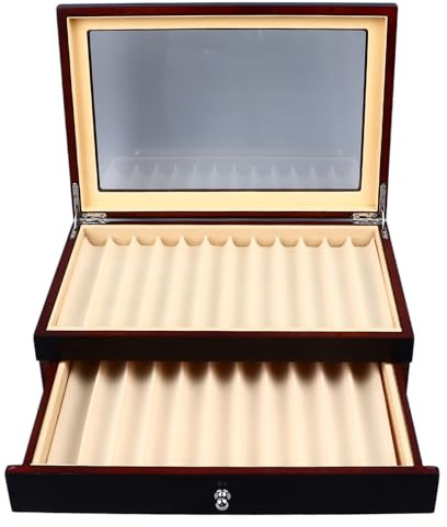 Cryfokt Présentoir à stylos, 2 étages de luxe pour stylo-plume, porte-crayons, boîte à stylos en bois avec fenêtre en verre et tiroir pour homme, pour homme, maison, bureau
