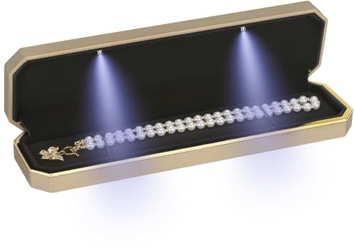 Luxury LED Necklace Long Chain Gift Box with LED Light, Velvet Jewelry Box Storage Case Organizer Holder (Gold)