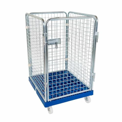 Rollbehälter niedrig, 4-seitig, Diebstahlschutz, Rollplatte geschlossen aus Kunststoff, 724 x 815 x 1.210 mm, 500 kg, Nutzhöhe 1.020 mm, Hygiene Grau