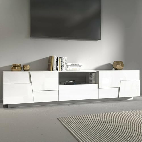 Dmora - Meuble TV Vanni, Buffet Bas de Salon avec 4 Portes et 1 tiroir, Base Meuble TV, 220x44h46 cm, Blanc Brillant