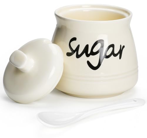 Cyimi Sugar Bowl Porcelain with Lid and Spoon, 355 ML/12 OZ, Ceramic Sugar Storage Jar, Sugar Salt Pot Seasoning Canister Suit for Coffee Bar, Restaurant, Home, Kitchen, Beige