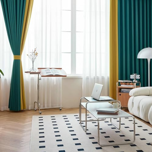 Ayoiow Verdunkelungsvorhänge, Küchengardine Mit Ösen, Chenille Gardinen Vorhänge 2Er Set Kräuselband, Blau Und Gelb, 132X160CM