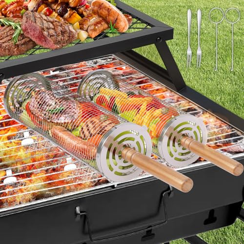 YYAQZD 2 pezzi griglia barbecue，griglia a rullo ad alta capacità con manico in legno, accessorio portatile per grigliare carne, pesce e verdure all'aperto o in campeggio, regalo perfetto per barbecue
