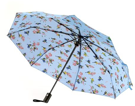 ECO CHIC Automatic Umbrella Windproof Strong Compact Folding Travel Umbrella (Blue Tits Lilac)