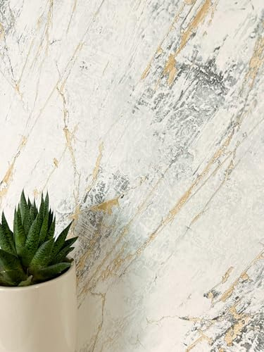 Newroom Vliestapete Weiß Marmoroptik Gold Tapete Wohnzimmer | Metallic-Schimmer, verwitterte Struktur, schimmernde Adern, Glamour Luxus Marmordesign, Mustertapete, Wandtapete für Flur