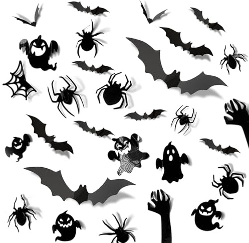 ALEGRE Geister Spinnen Fledermaus Deko Halloween Sticker, 30 Stk Halloween Deko Gruselig Set, 3d Fledermaus Deko Sticker+Spinne Deko Aufkleber+Gespenst Fenstersticker,Gespensterparty Gothic Dekoration