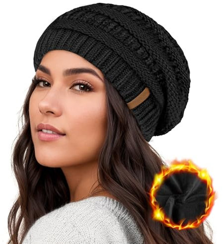 Mütze Damen Winter - Beanie Mit Weich Fleece Gefüttert, Strickmütze Warm, Outdoor Schwarz, 55-60cm