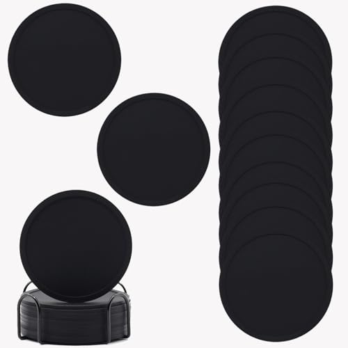 NLONLL 12 Piezas Posavasos de Silicona Redondos en Negro con Soporte Posavasos Lavable y Antideslizante para Bebidas Vasos, de Cerveza o Bares, Tazas de Café o Té (10cm)