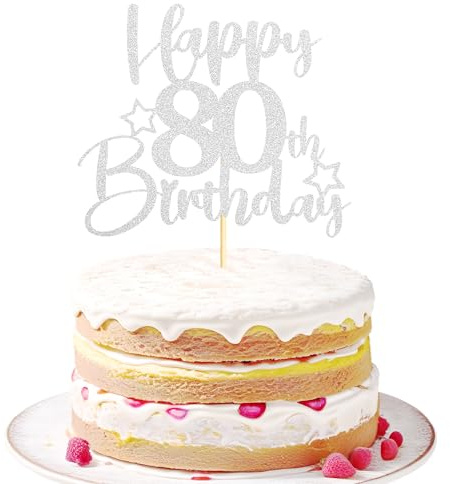 Sotpot 80th Birthday Cake Topper Double‑sided Silver Glitter with Star Pattern 1 pack for 80th Birthday Party Decor Supplies