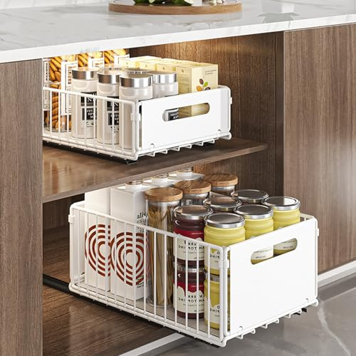 IVTUVTI 2Pack faltbarer ausziehbarer Schrank-Organizer, ausziehbarer Schrank-Organizer, ausziehbare Schubladen-Regalaufbewahrung für die Organisation von Küchenschränken (White, Large+Small)